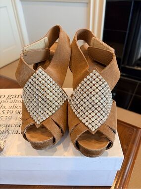 Pedro Garcia Brown Suede Crystal-Embellished Wedge Sandals